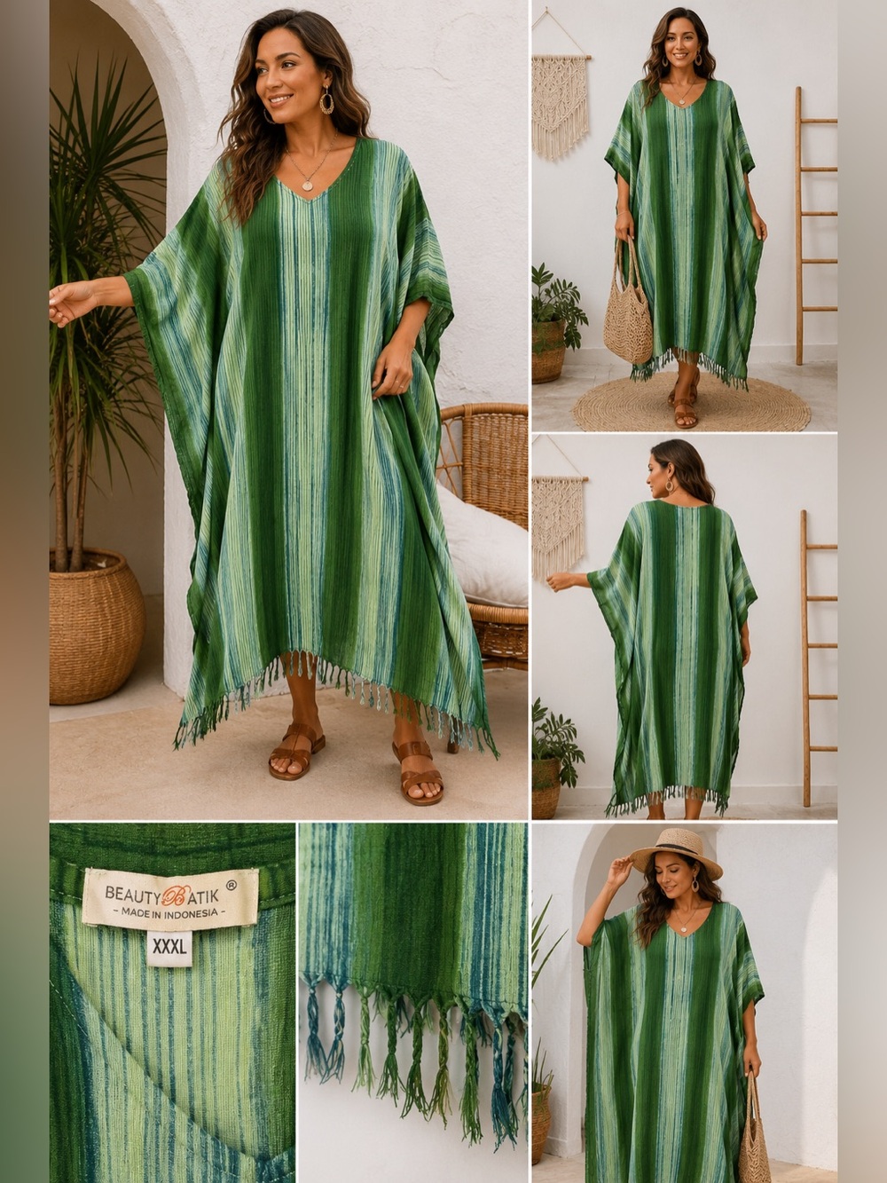 Beauty Batik XXXL Oversized Kaftan Dress Green Stripe Boho Resort Swim Cover